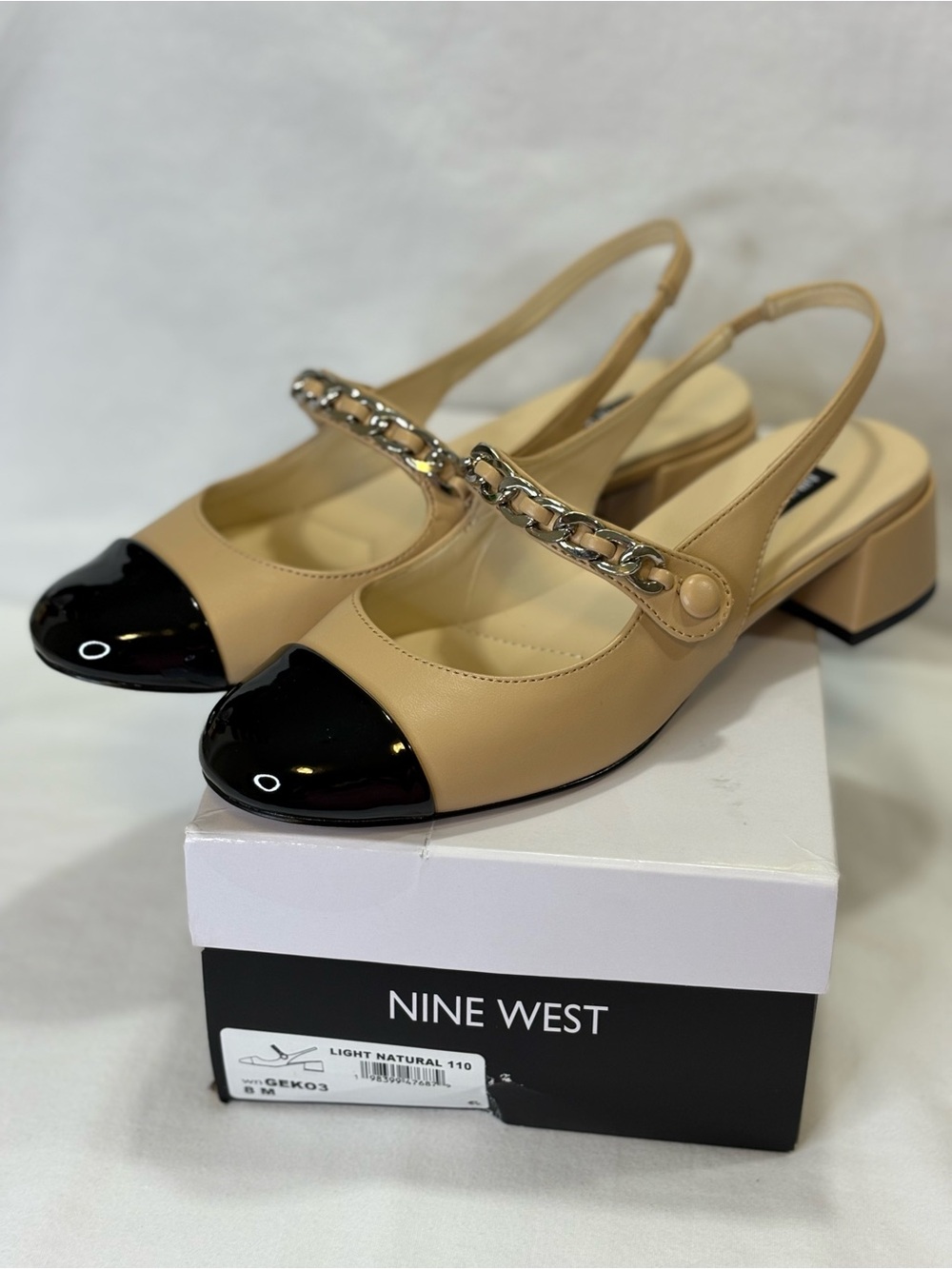 NWT Nine West Beige and Black Chain-Strap Slingback Low Heels SZ 8M $99
